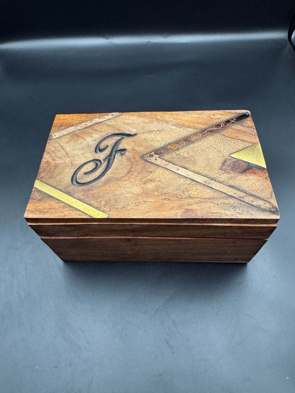 Decorative Wooden Trinket Box with Letter F Marquetry and Brass Inlay